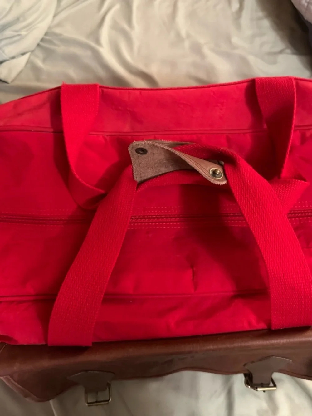 Marlboro Red Canvas Duffel Bag with Brown Leather Flap